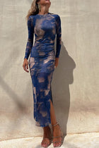 Nayla | Robe Midi Froncée à Manches Longues et Tulle Tie-Dye