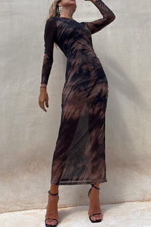 Nayla | Robe Midi Froncée à Manches Longues et Tulle Tie-Dye