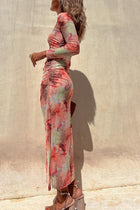 Nayla | Robe Midi Froncée à Manches Longues et Tulle Tie-Dye