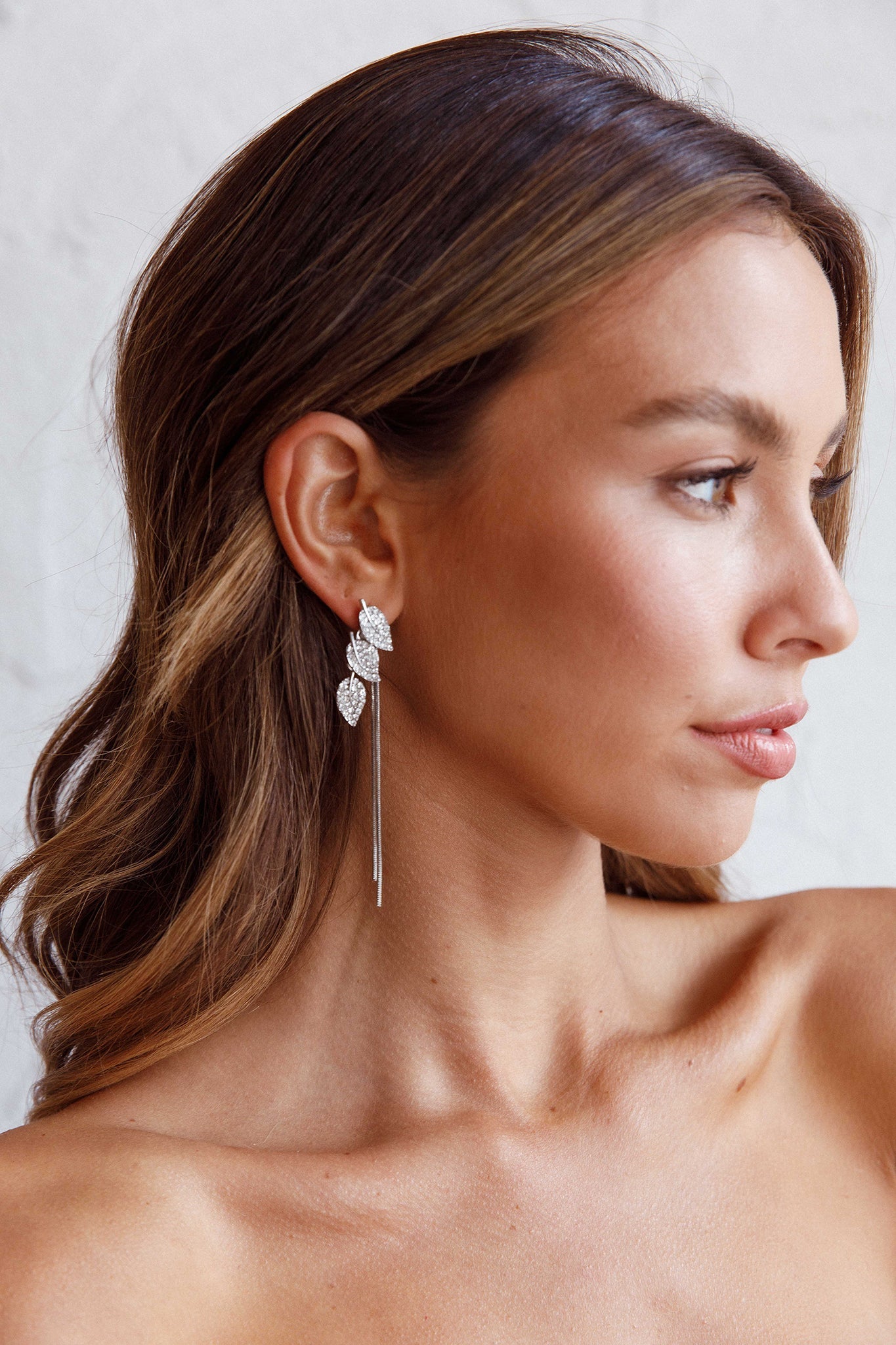 Boucles d'oreilles pendantes en forme de feuilles en zircon argenté