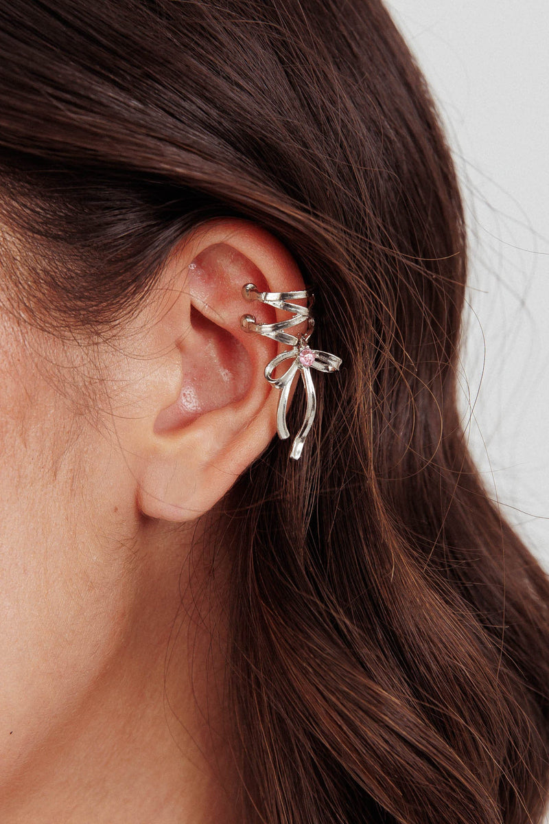 Bracelet d'oreille en strass avec nœud argenté