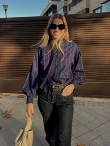 Élise | Chemise Rayée à Nœud et Col Montant