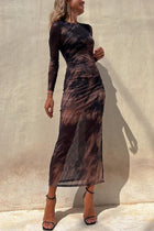 Nayla | Robe Midi Froncée à Manches Longues et Tulle Tie-Dye