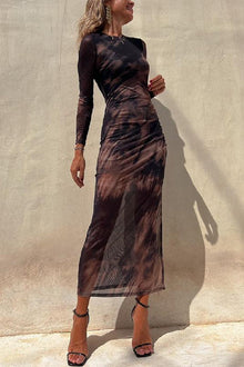 Nayla | Robe Midi Froncée à Manches Longues et Tulle Tie-Dye