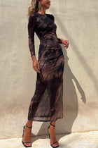 Nayla | Robe Midi Froncée à Manches Longues et Tulle Tie-Dye