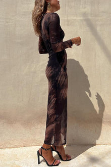 Nayla | Robe Midi Froncée à Manches Longues et Tulle Tie-Dye