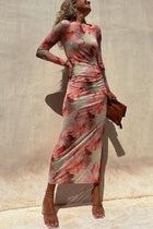Nayla | Robe Midi Froncée à Manches Longues et Tulle Tie-Dye