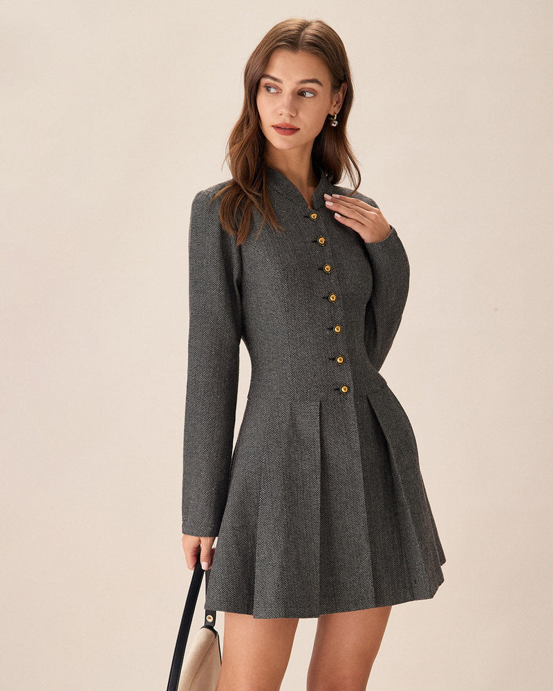 Lina | Robe Mini Grise Plissée à Boutons